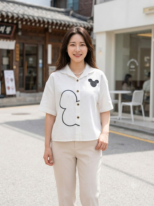 Mouse Button Cotton Shirt - White