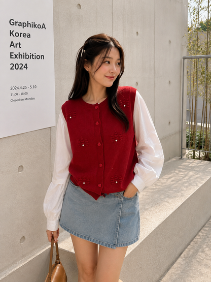 Merita Button Combi Top - Maroon