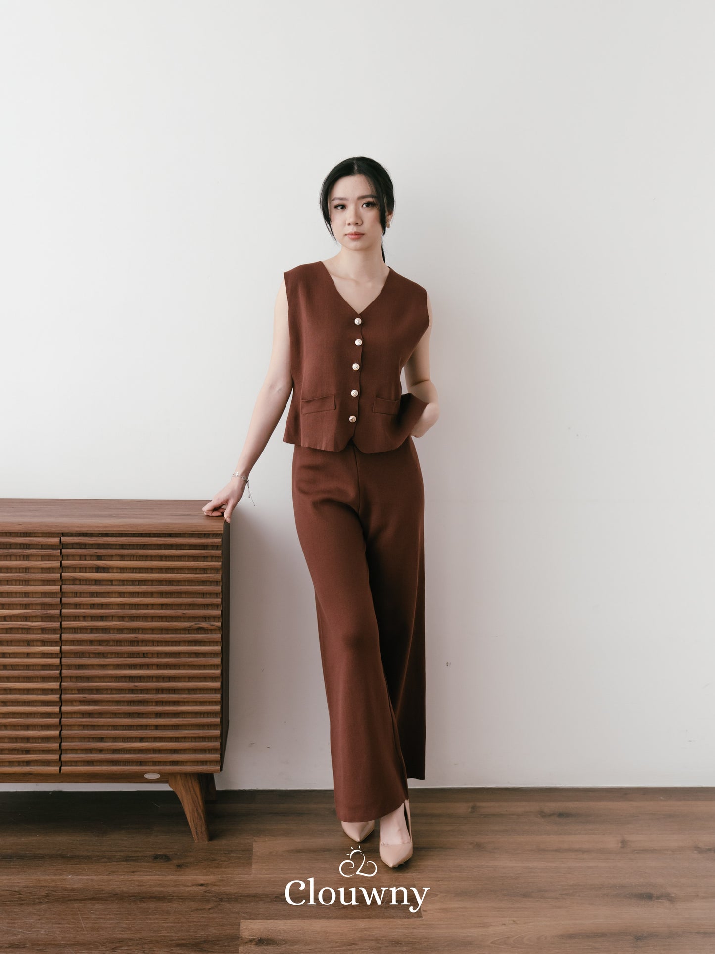 Amy Button Vest Set - Coffee