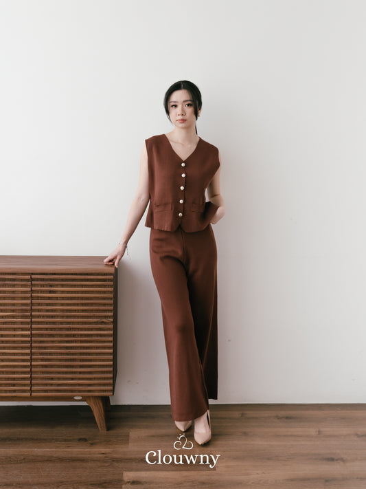 Amy Button Vest Set - Coffee