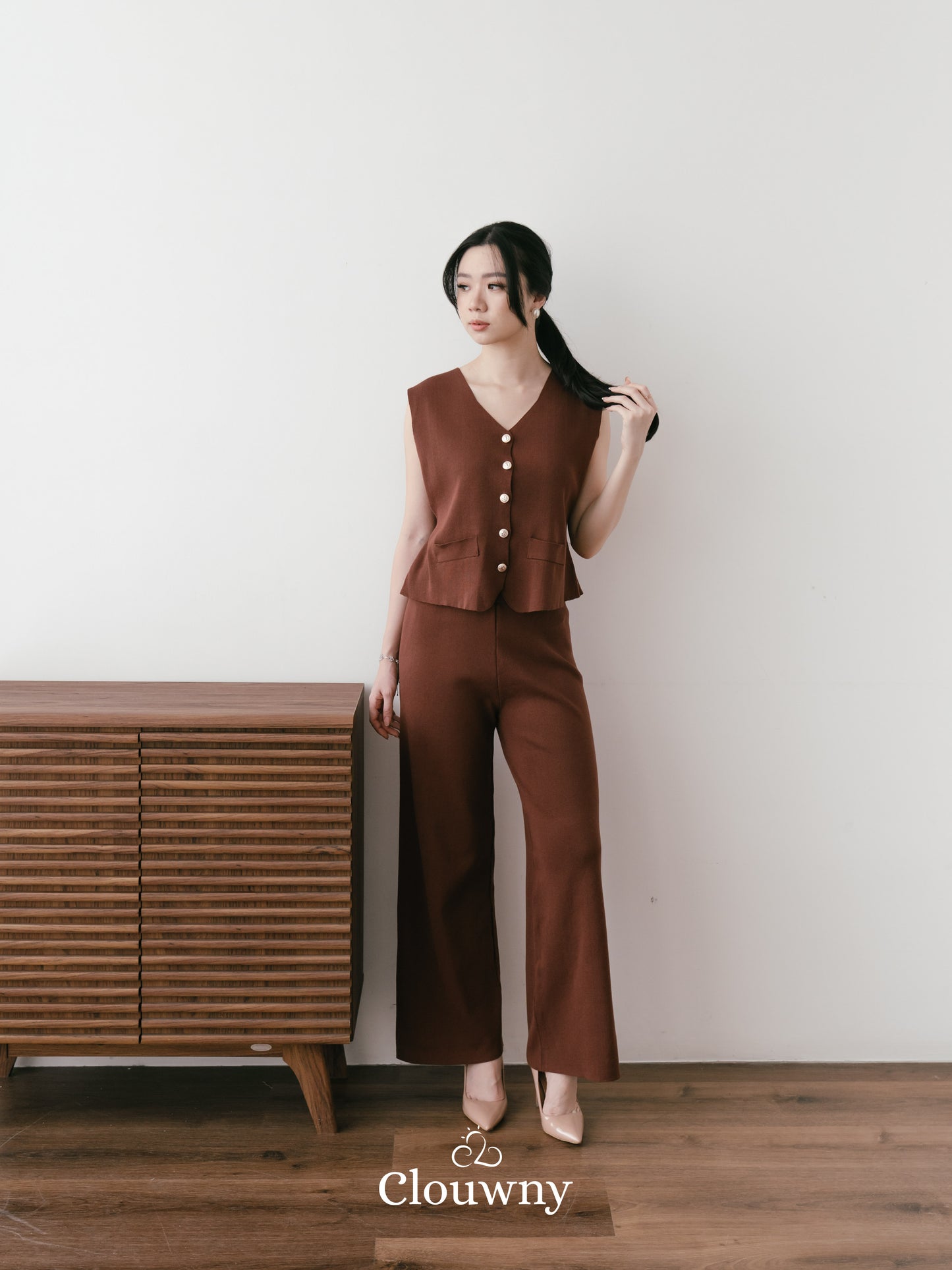 Amy Button Vest Set - Coffee