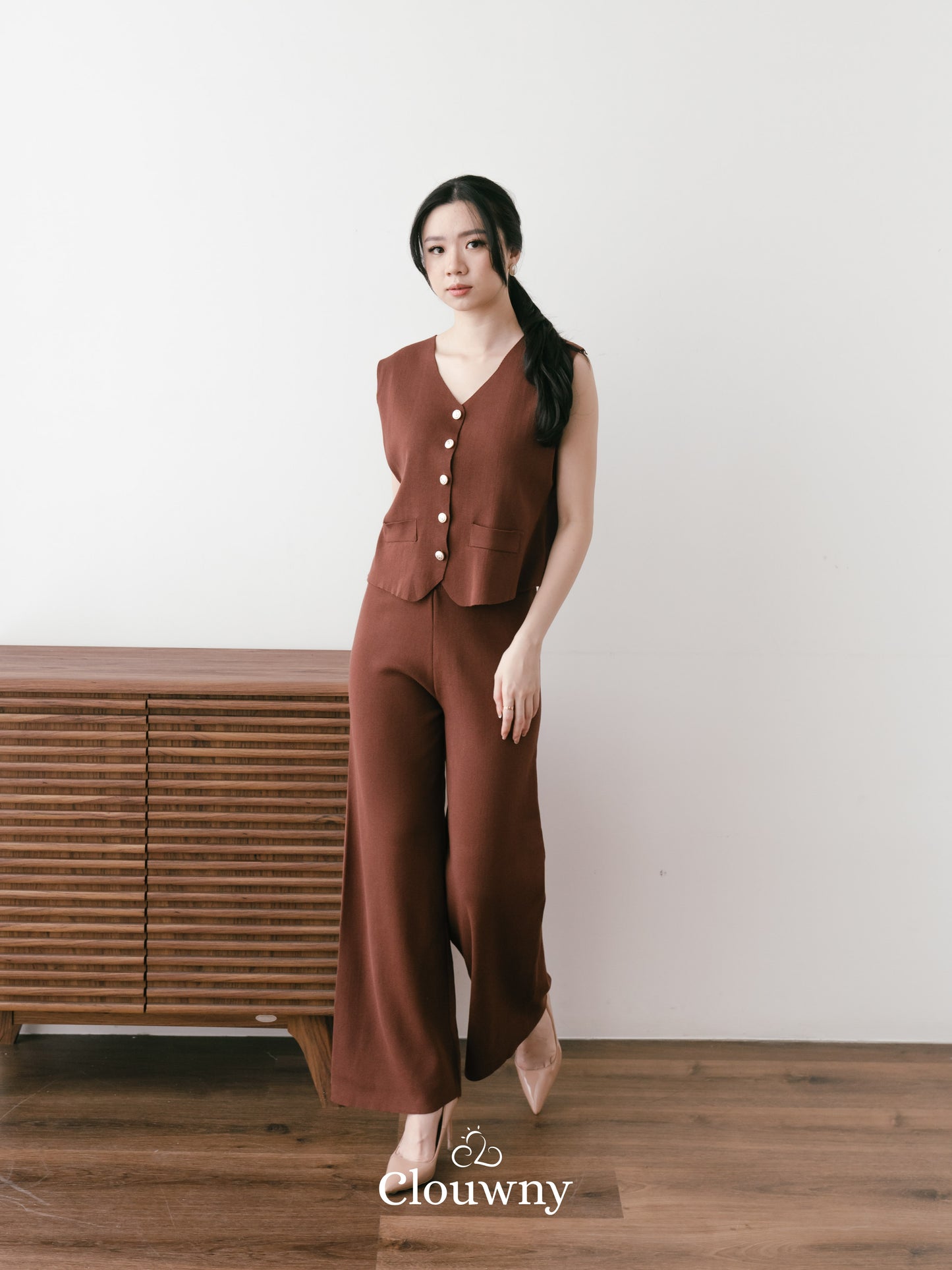 Amy Button Vest Set - Coffee