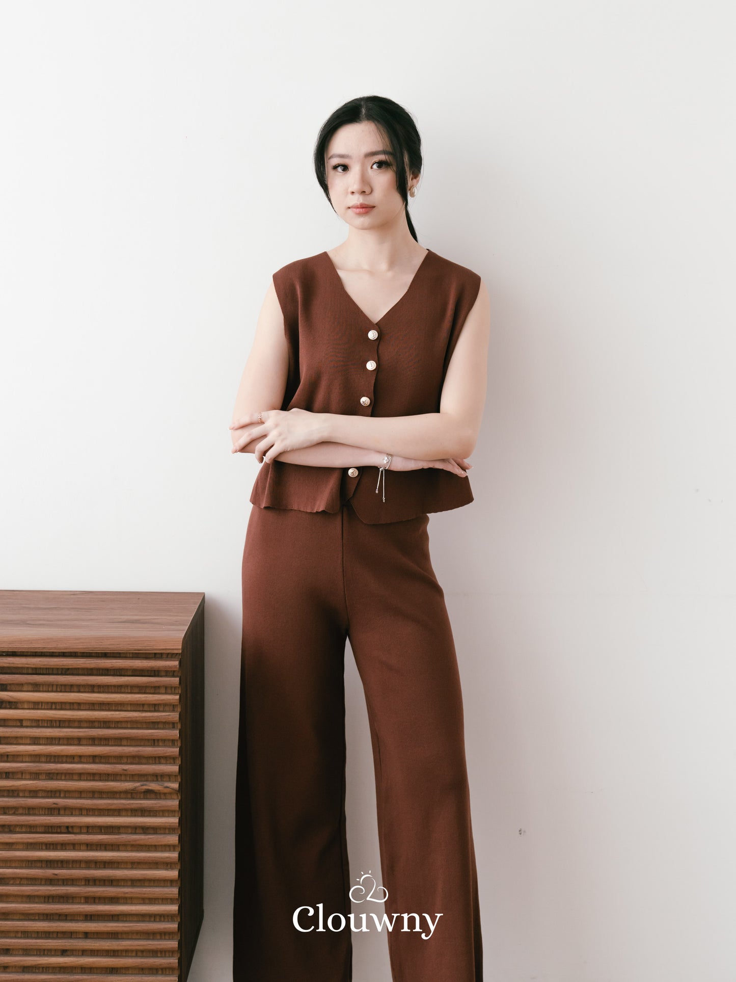 Amy Button Vest Set - Coffee