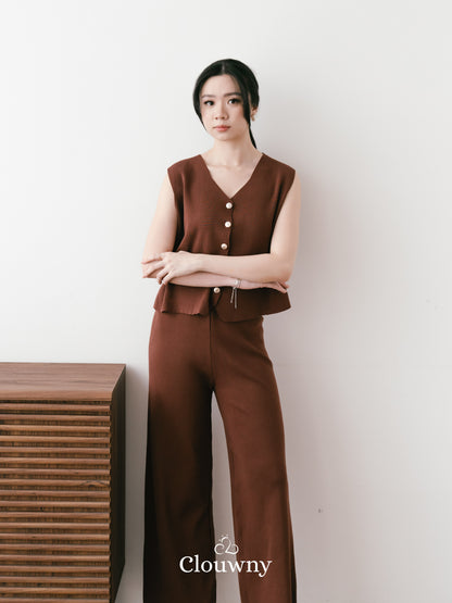 Amy Button Vest Set - Coffee