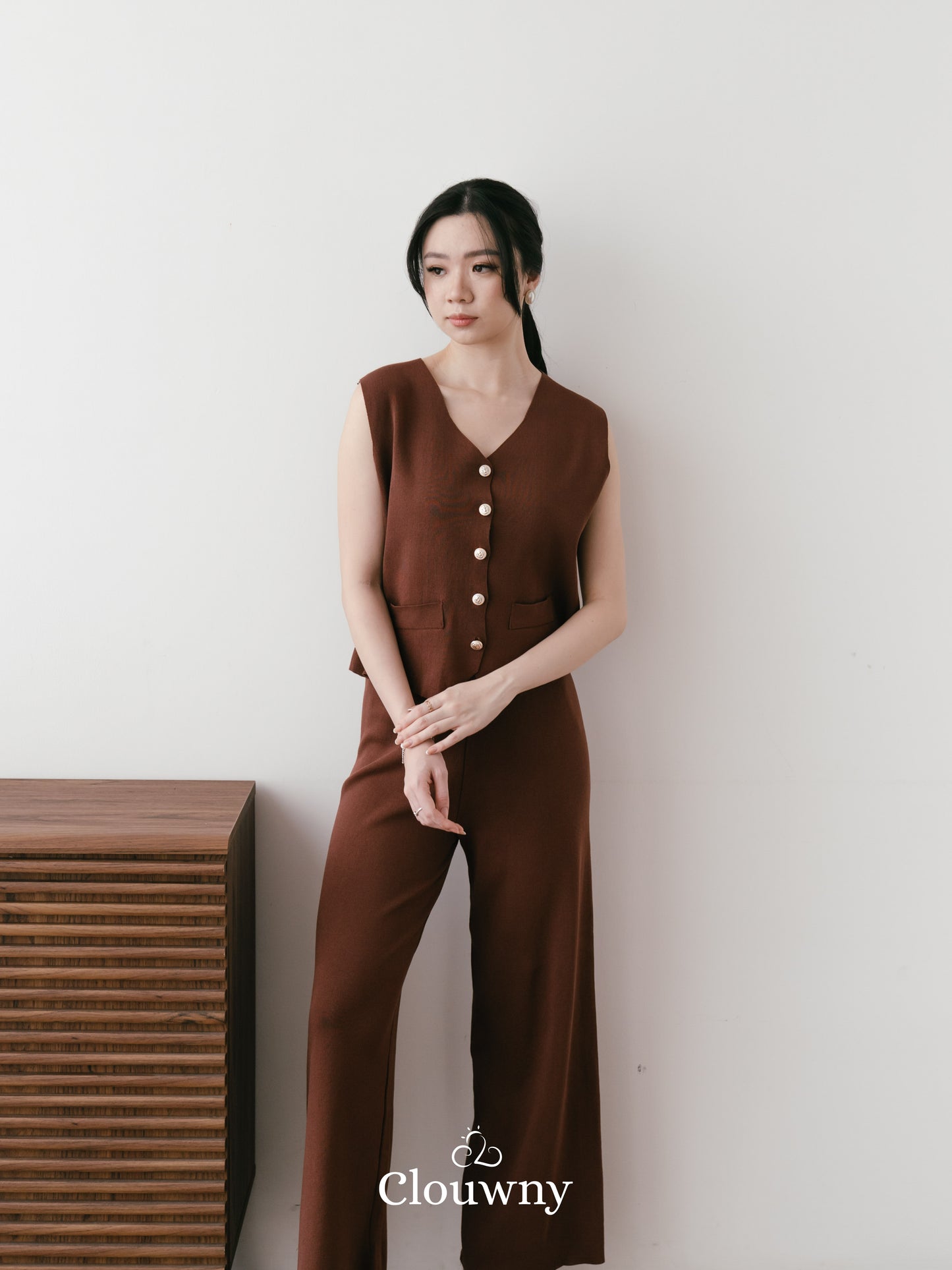 Amy Button Vest Set - Coffee