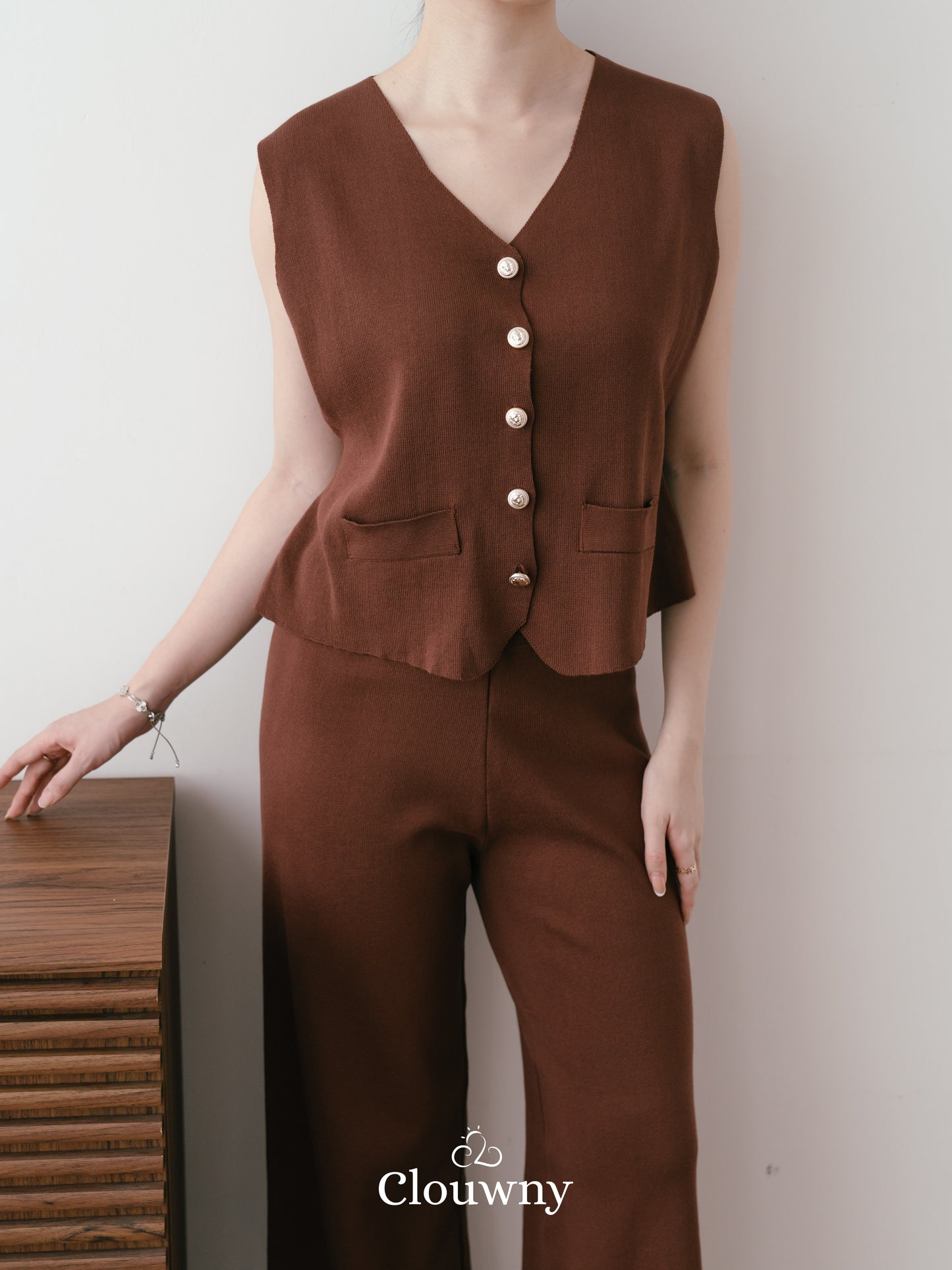 Amy Button Vest Set - Coffee