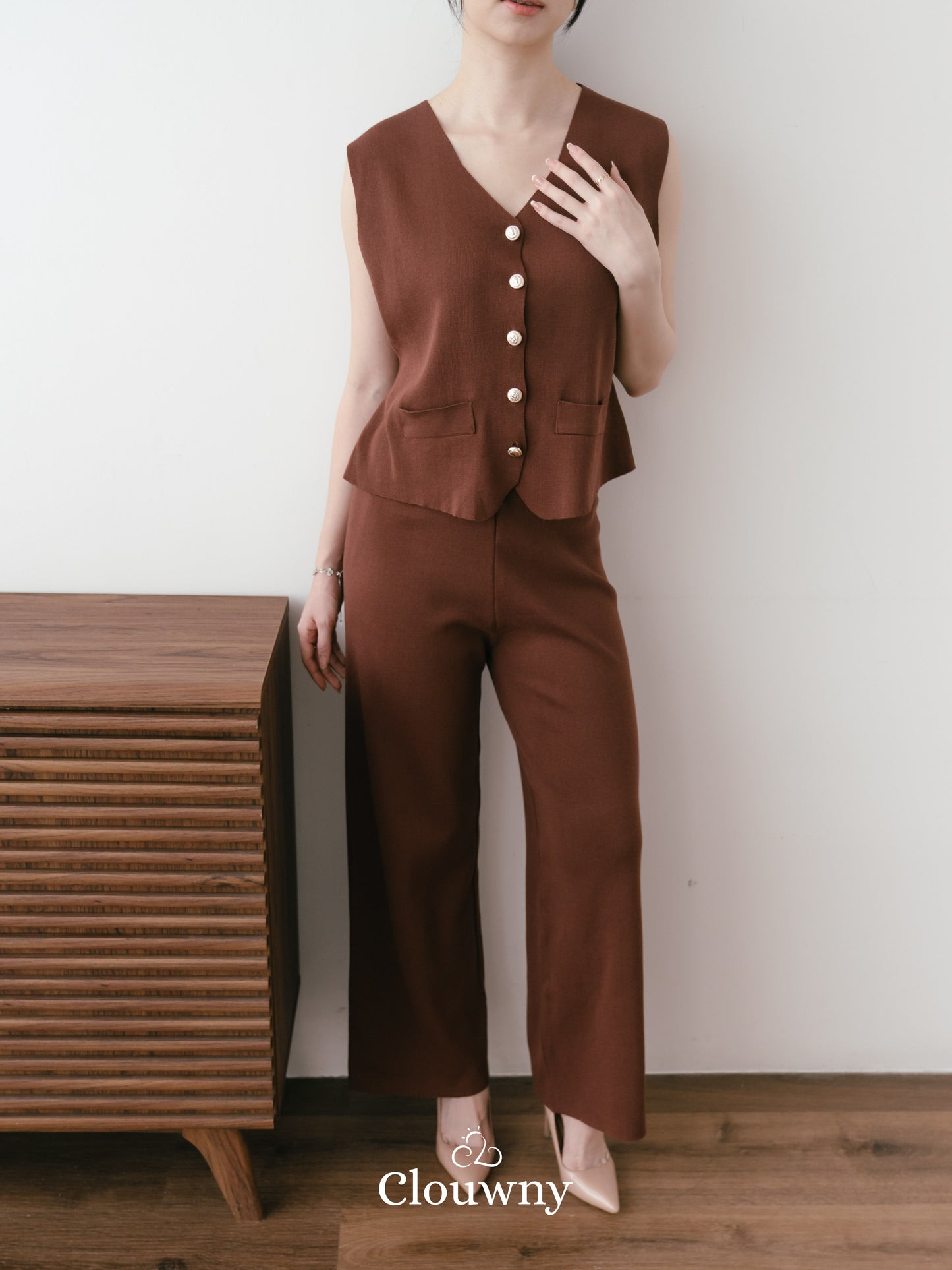 Amy Button Vest Set - Coffee