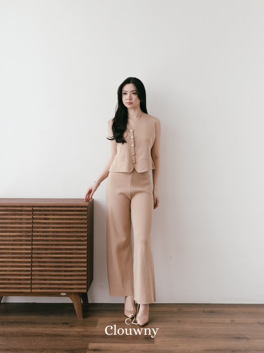 Amy Button Vest Set - Khaki