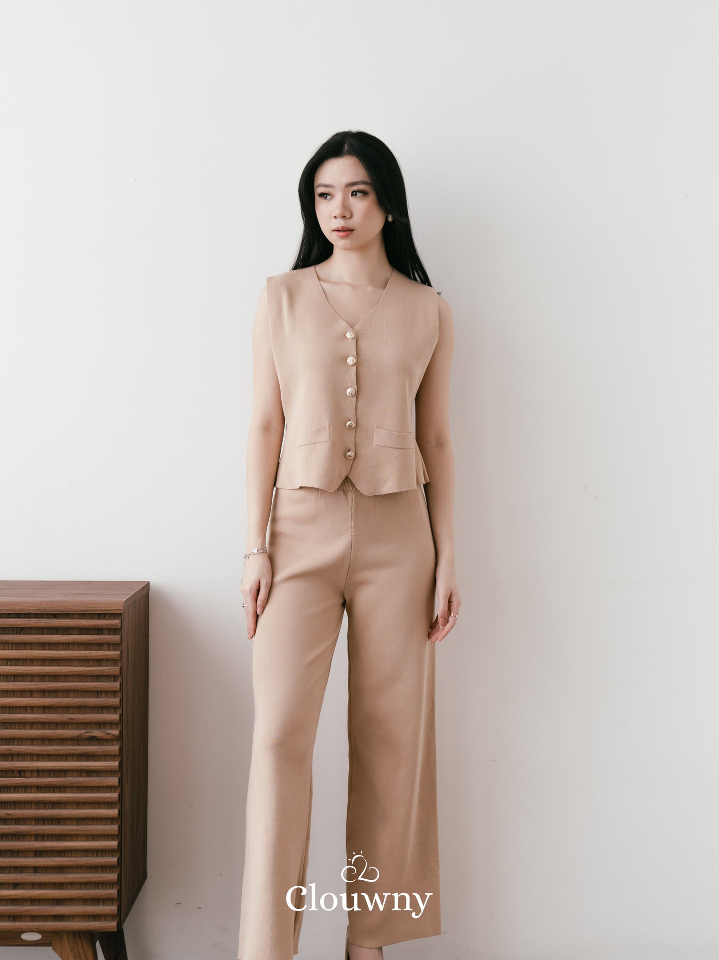 Amy Button Vest Set - Khaki