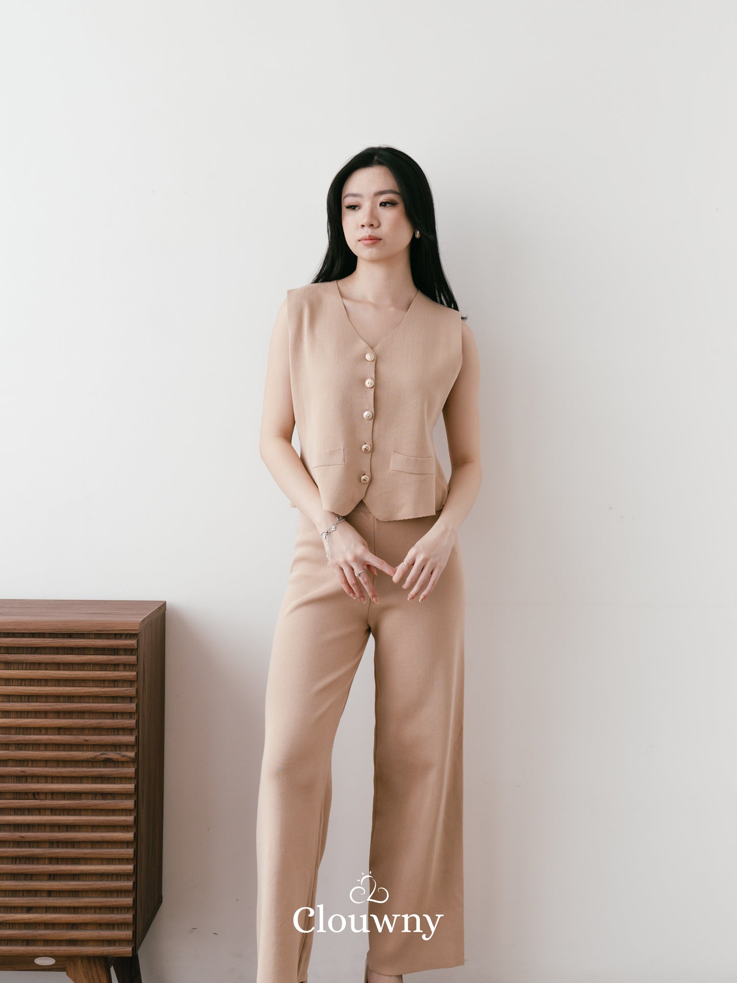 Amy Button Vest Set - Khaki