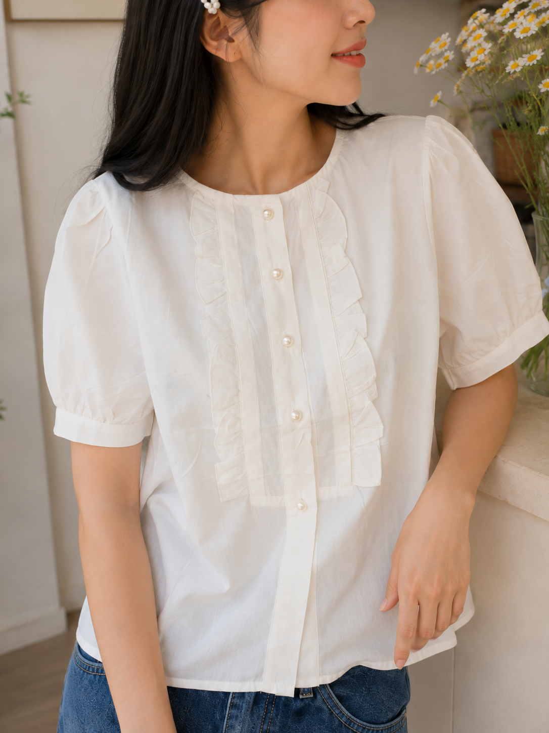Sada Ruffle Cotton Blouse - White