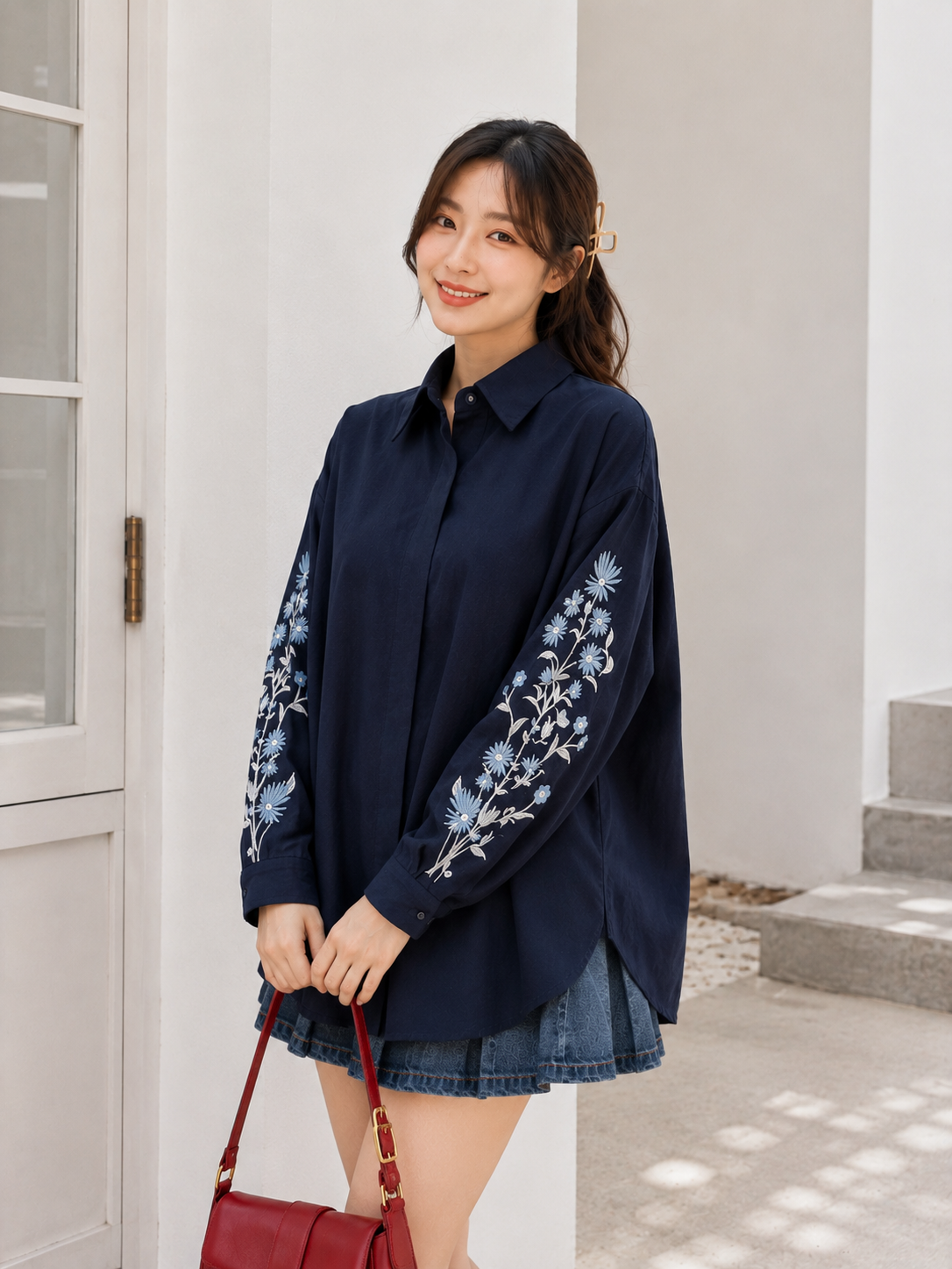 Side Flower Cotton Longsleeve - Navy