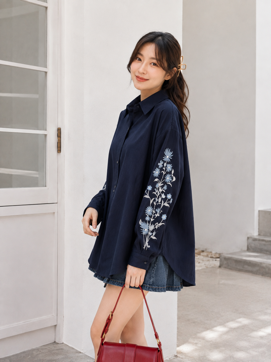Side Flower Cotton Longsleeve - Navy