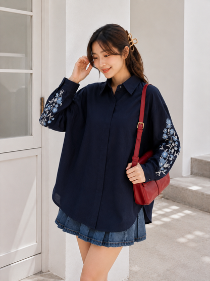 Side Flower Cotton Longsleeve - Navy