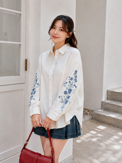 Side Flower Cotton Longsleeve - White