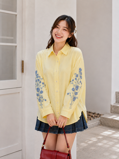 Side Flower Cotton Longsleeve - Yellow