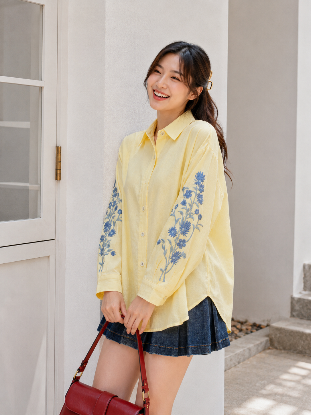 Side Flower Cotton Longsleeve - Yellow