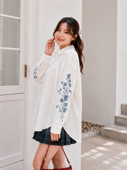 Side Flower Cotton Longsleeve - White