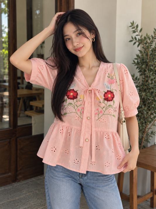 Vivin Embroidery Cotton Blouse - Pink