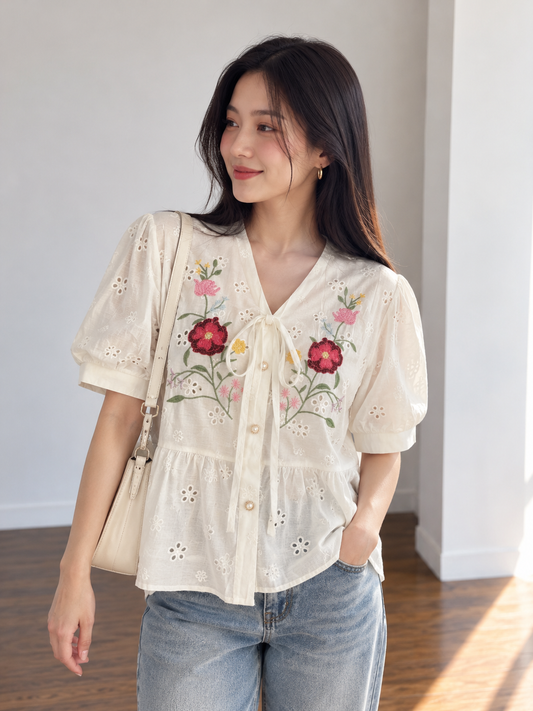 Vivin Embroidery Cotton Blouse - Cream