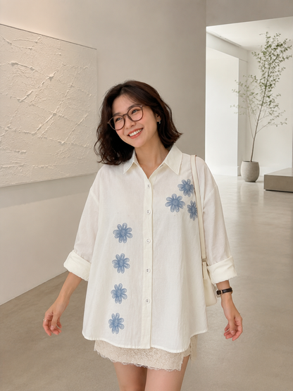 Vertical Flower Cotton Longsleeve - White