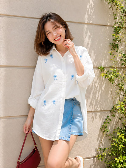 Posya Flower Cotton Longsleeve - White