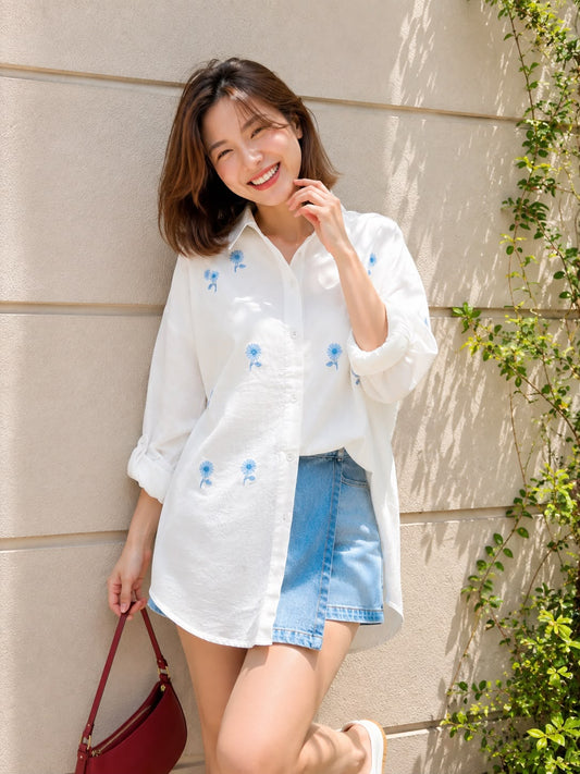 Posya Flower Cotton Longsleeve - White