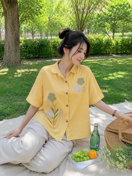 Loka Flower Cotton Shirt - Yellow