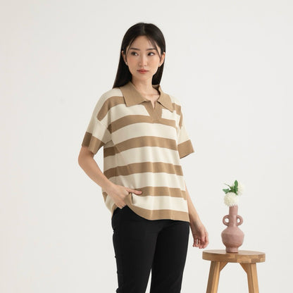 Minji Knit Stripes Top - Khaki