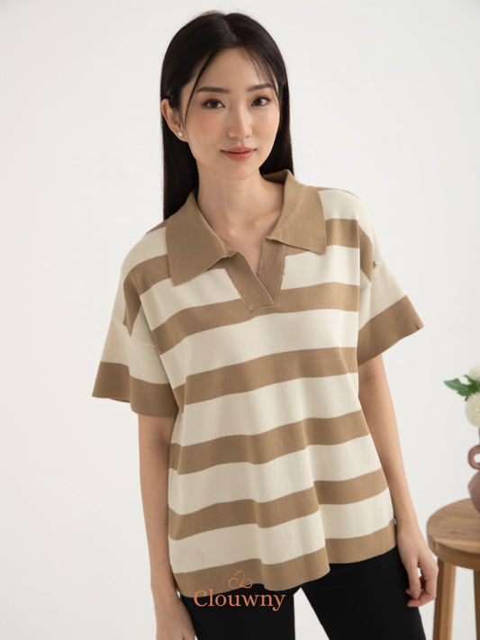 Minji Knit Stripes Top - Khaki