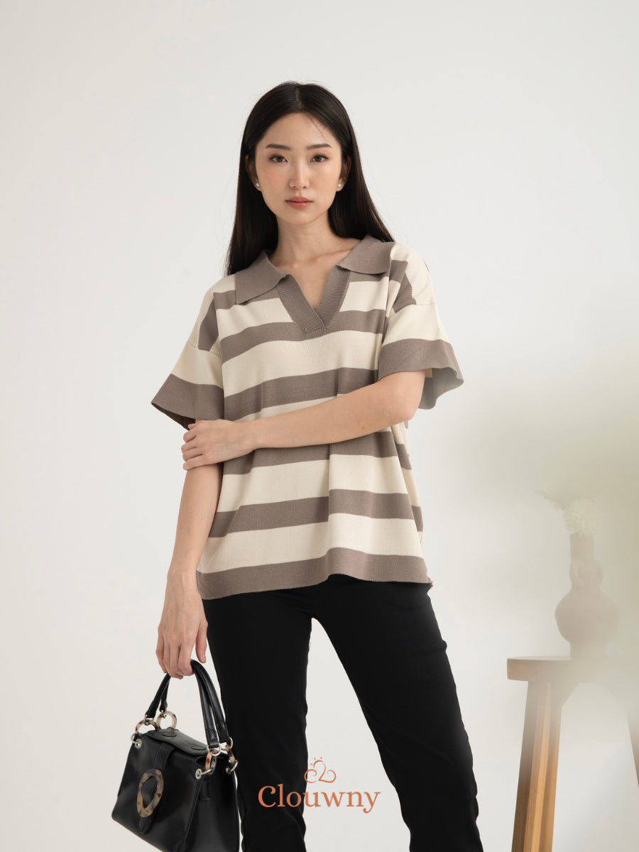 Minji Knit Stripes Top - Beige