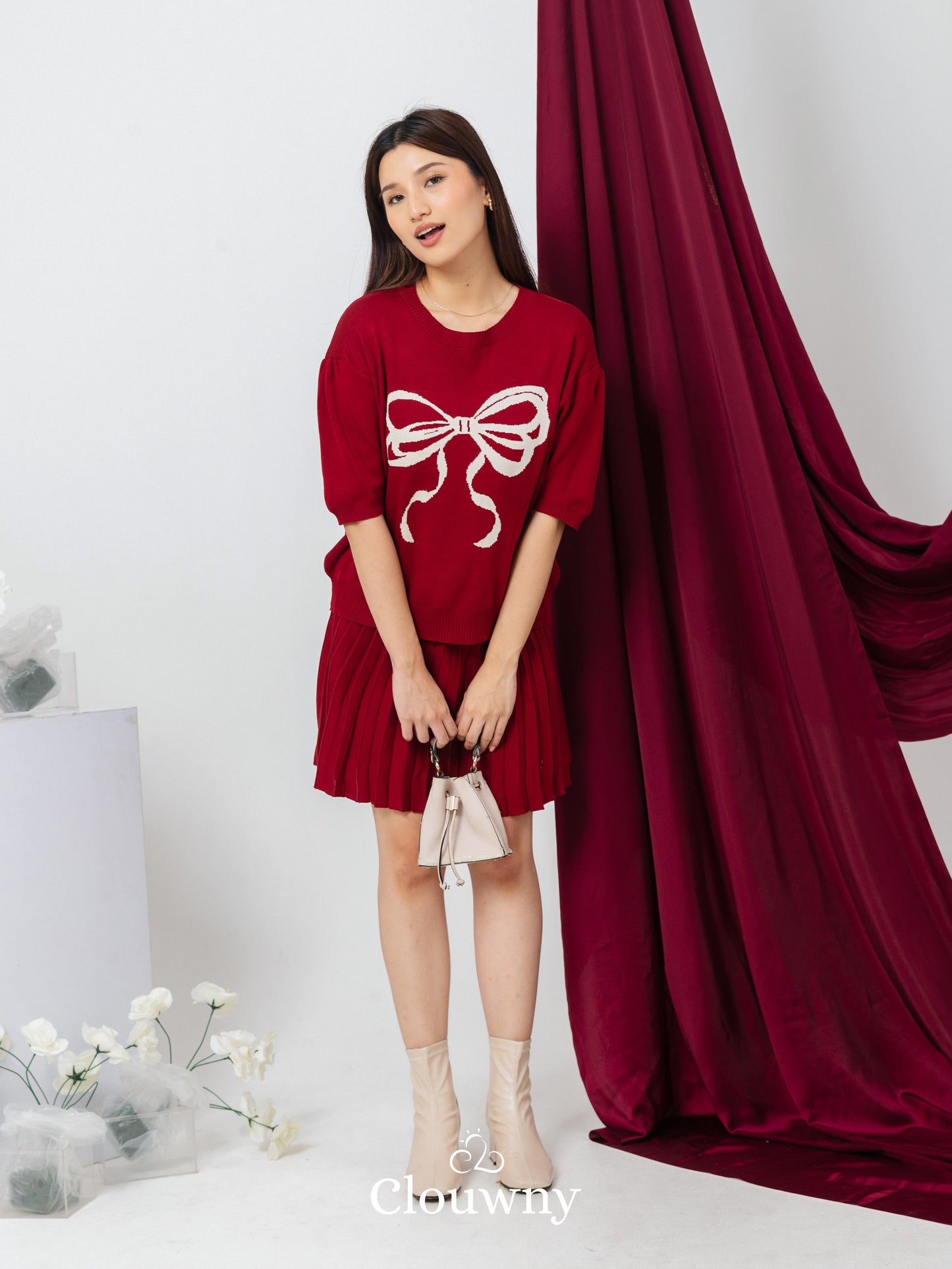 Big Bow Knit Set - Maroon