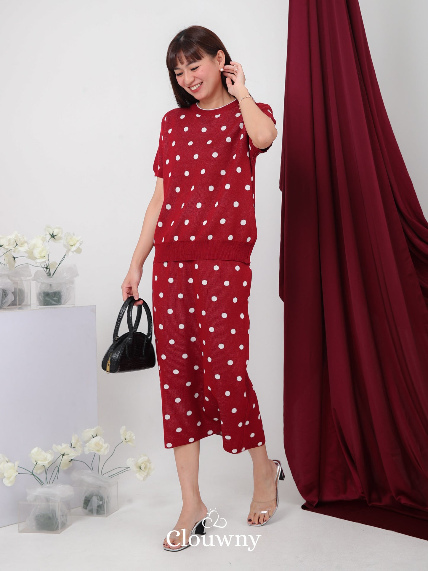 Moir Dot Knit Set - Maroon