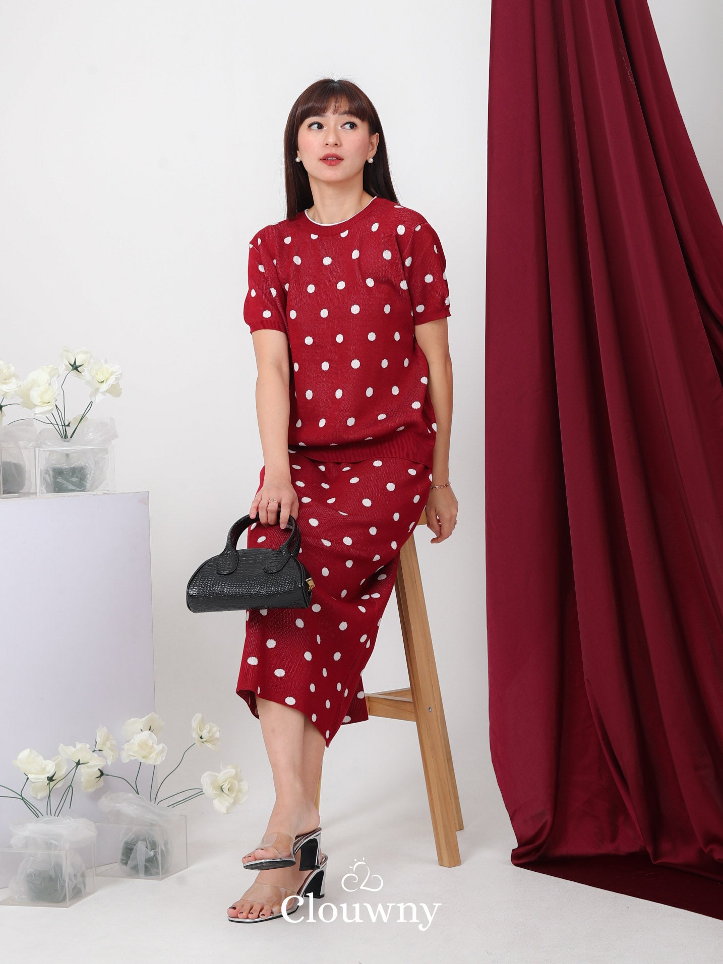 Moir Dot Knit Set - Maroon