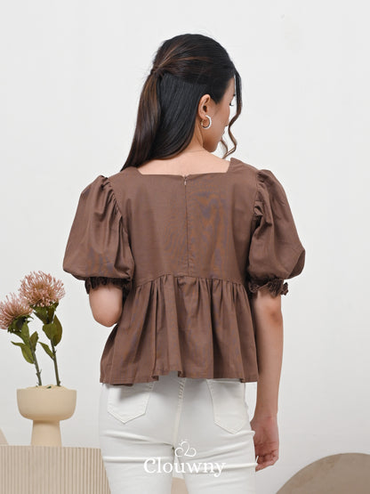 Una Square Blouse Top - Coffee