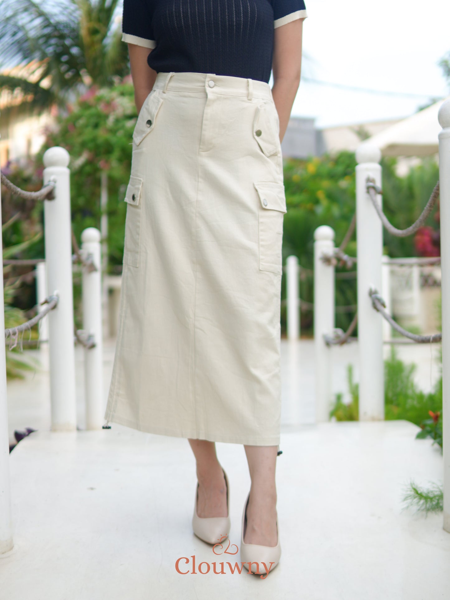 Dex Cargo Denim Skirt - Cream
