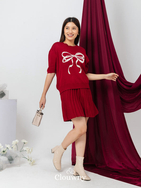 Big Bow Knit Set - Maroon