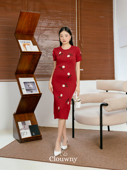 Rose Embroidery Dress - Maroon