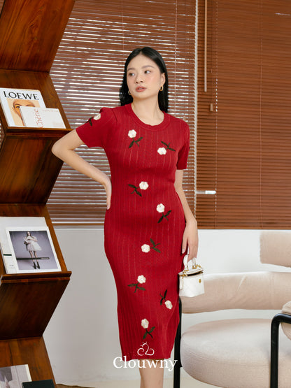 Rose Embroidery Dress - Maroon