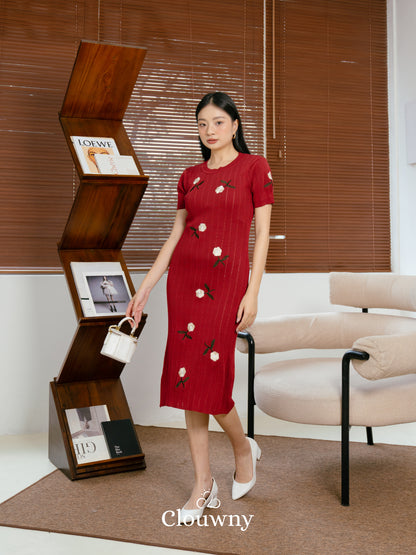 Rose Embroidery Dress - Maroon