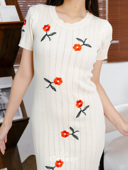 Rose Embroidery Dress - Cream