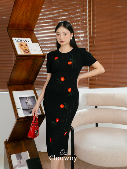 Rose Embroidery Dress - Black