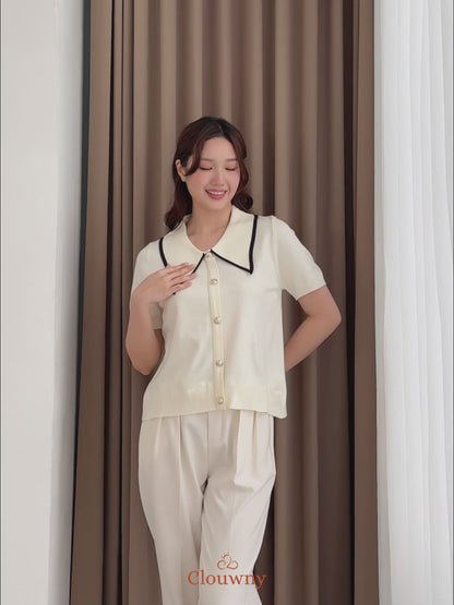 Prisca Collar Knit Top - Cream-Beige Stripes
