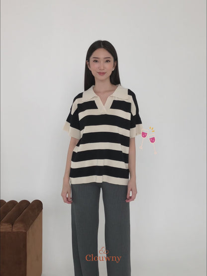 Atasan Minji Knit Stripes - Krem