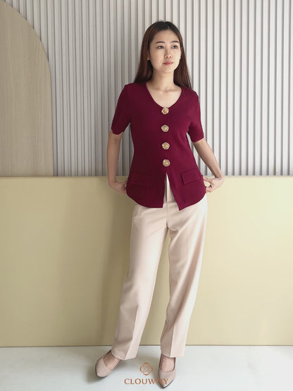 Valencia Peplum Button Top - Maroon