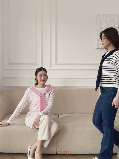 Genevi Scarf Stripes Top - Pink