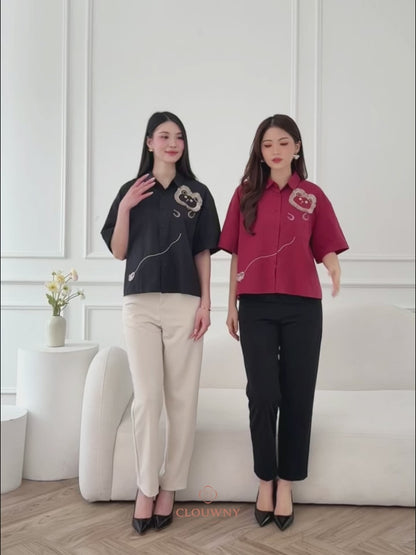 Lion Embroidery Shirt - Tea