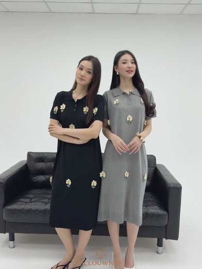 Anetha Flower Knit Dress - Black